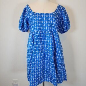 Rhode‎ Embroidered Mini Dress Blue White Puff Sleeve Square Neck Medium